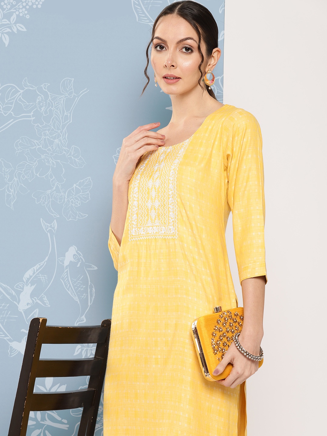 

ZOLA Women Yoke Design Printed Thread Work Kurta with Trousers, Yellow