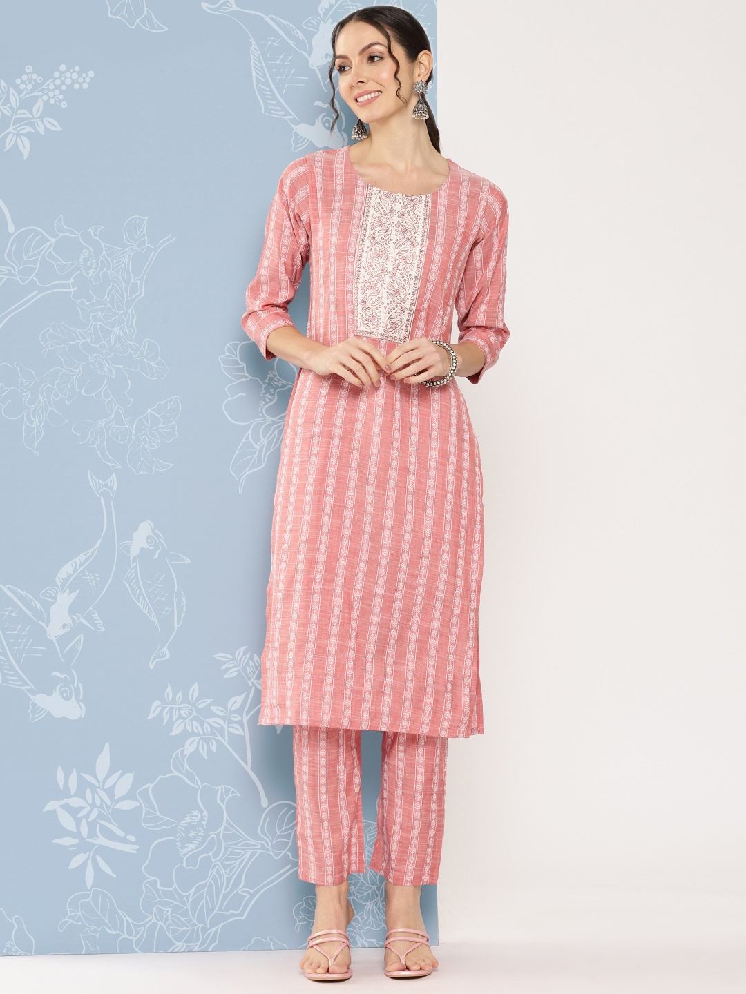

ZOLA Women Printed Yoke Design Pure Cotton Kurta with Trousers, Pink