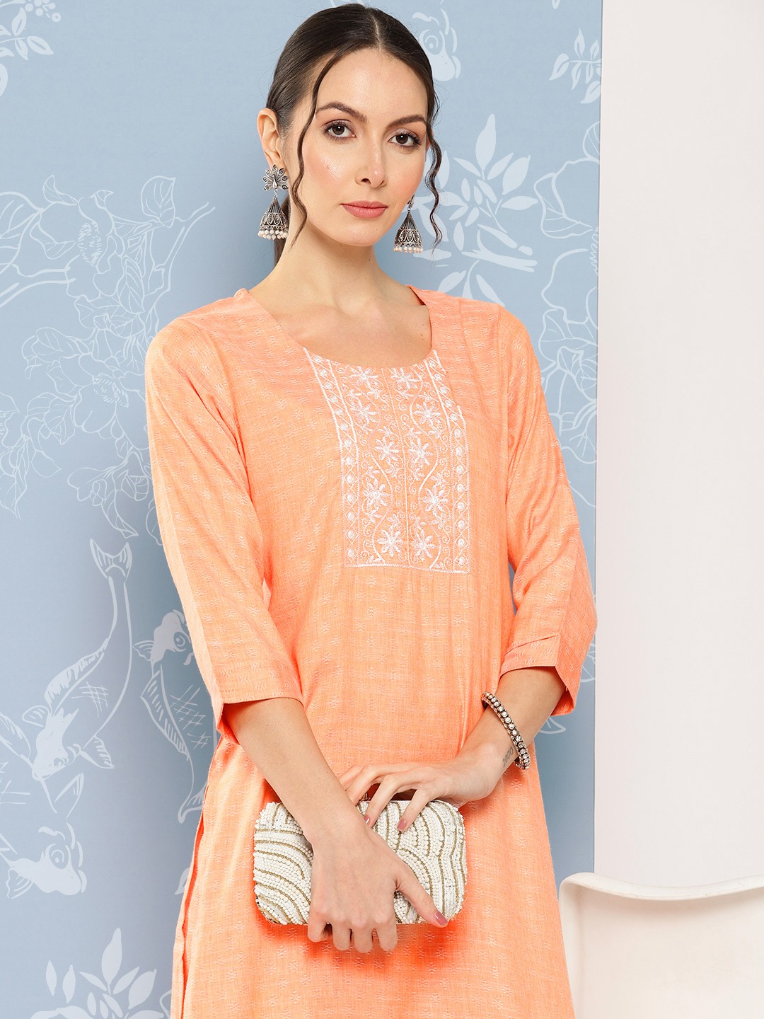 

ZOLA Women Floral Printed Yoke Design Kurta with Trousers, Orange