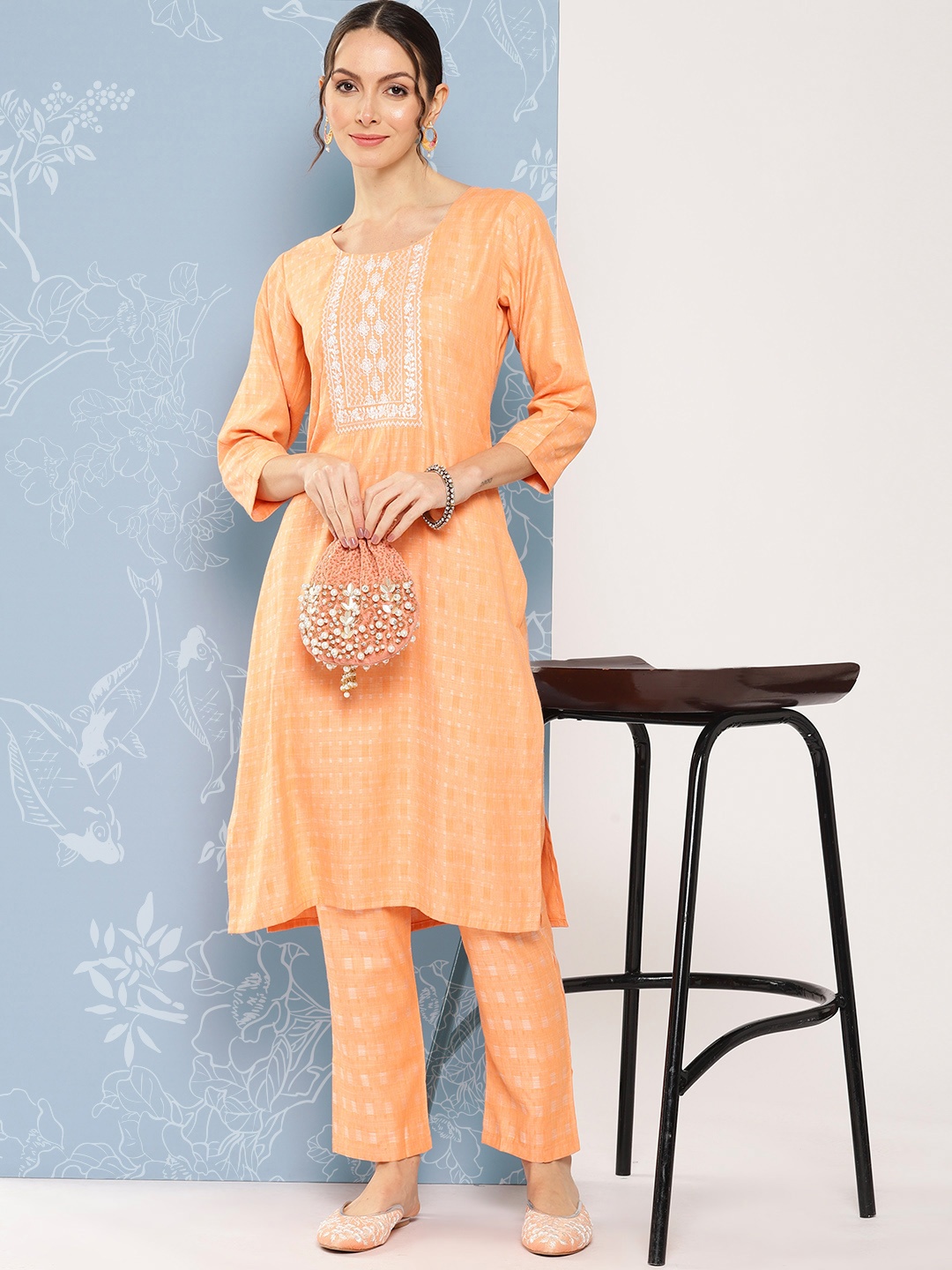 

ZOLA Women Printed Yoke Design Kurta with Trousers, Orange