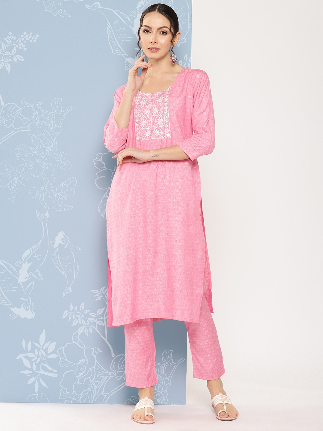 

ZOLA Women Printed Yoke Design Kurta with Trousers, Pink