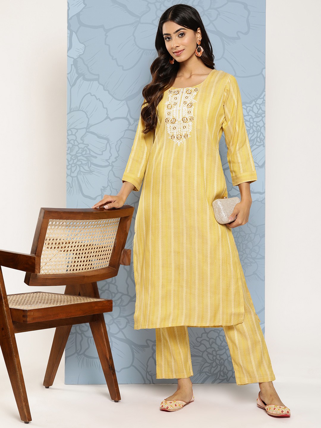 

ZOLA Floral Embroidered Pure Cotton Kurta With Trousers, Yellow