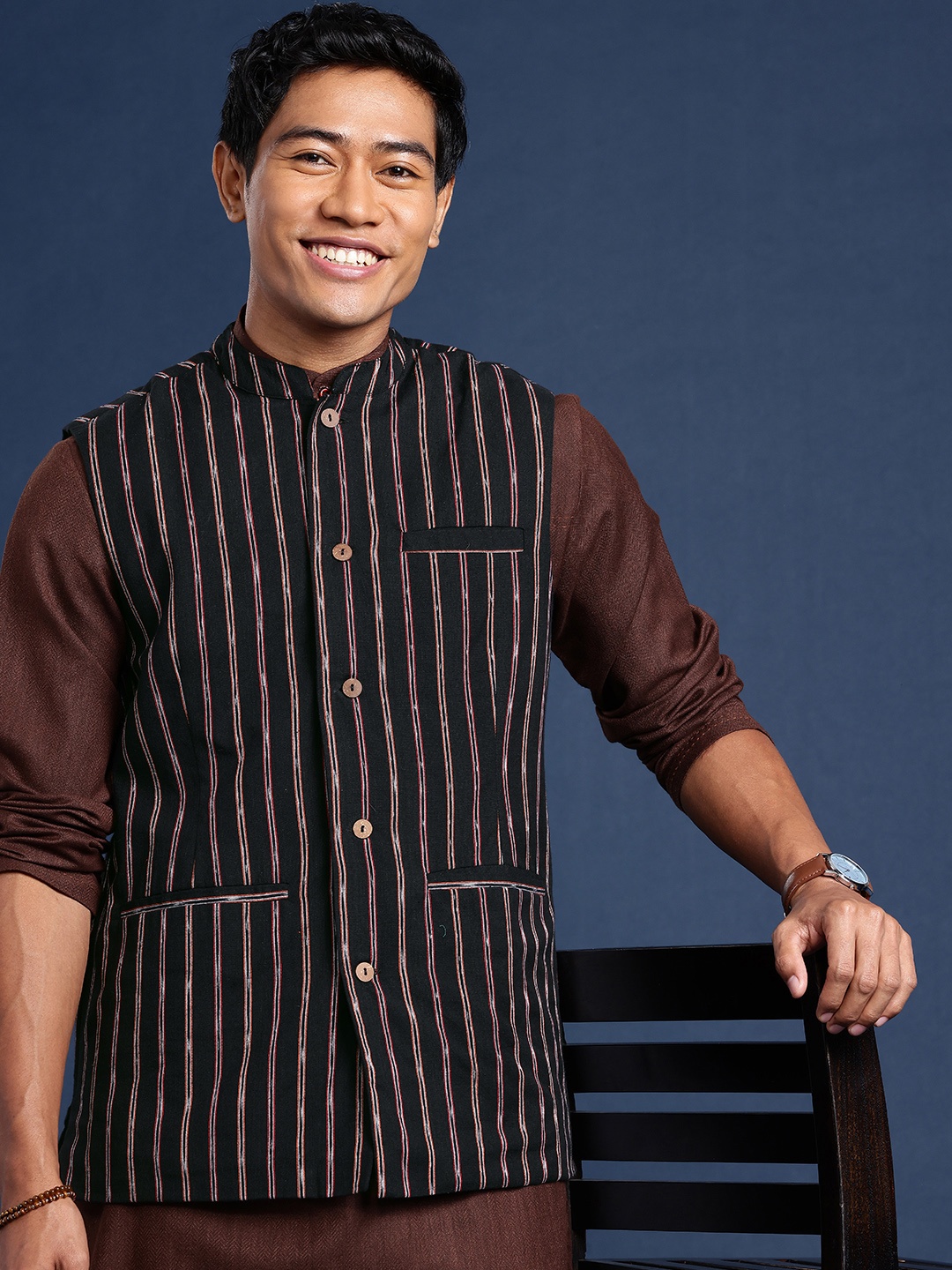 

Taavi Striped Ikat Mandarin-Collar Nehru Jacket, Black