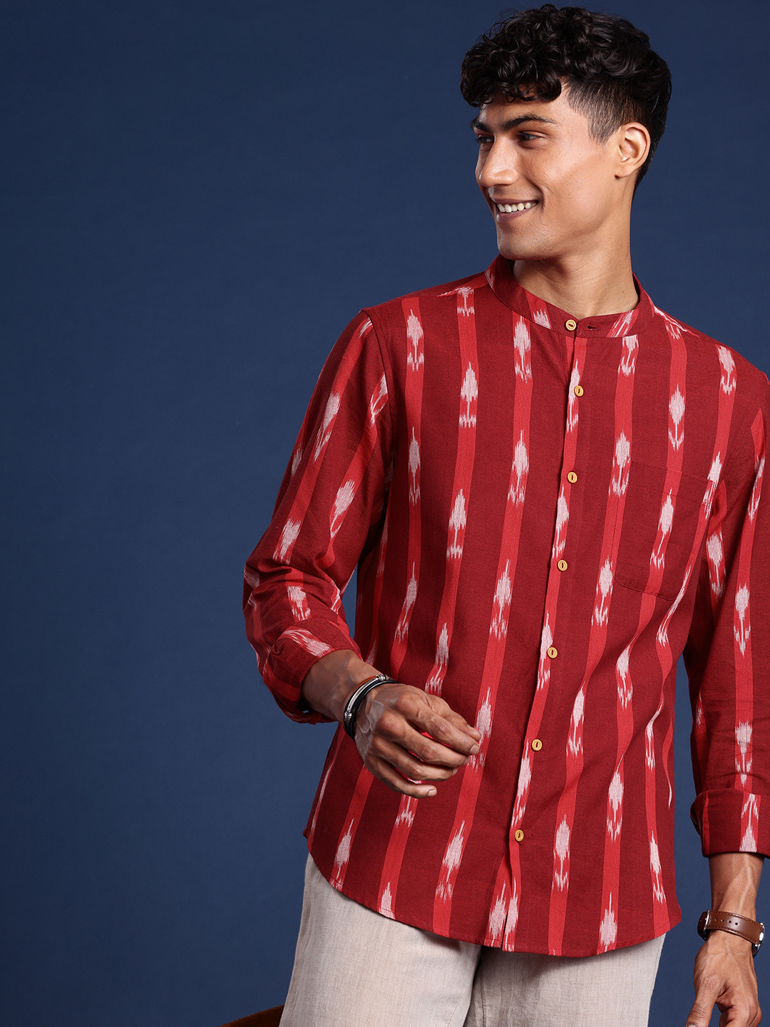 

Taavi Pure Cotton Ikat Printed Casual Shirt, Red
