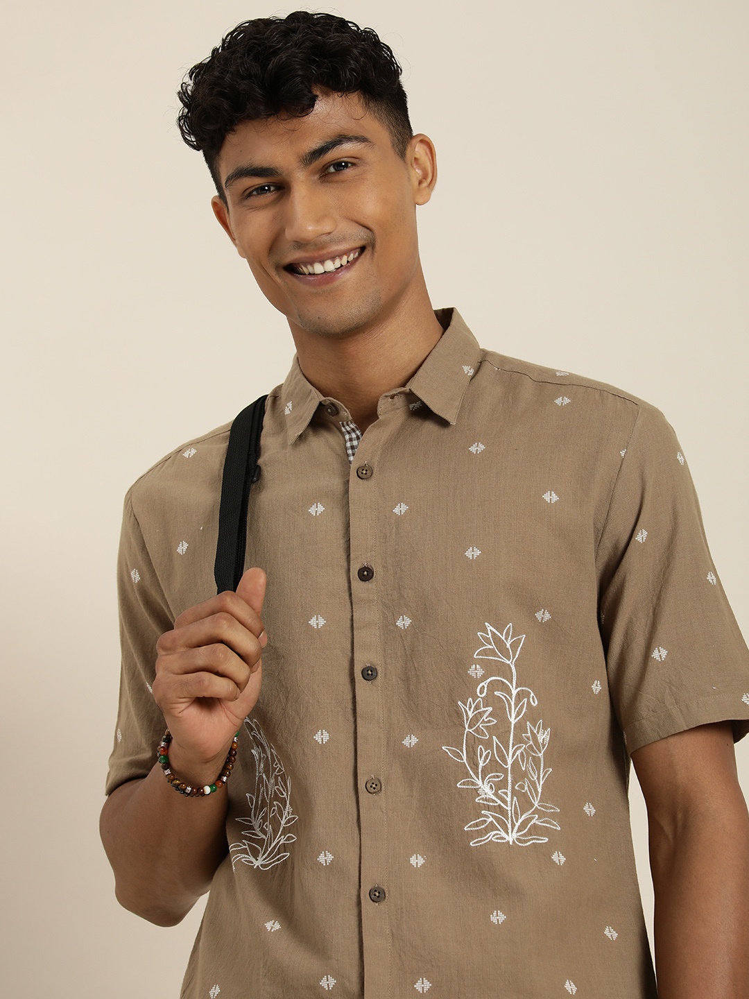 

Taavi Self Design Embroidered Pure Cotton Kashidakari Casual Shirt, Brown