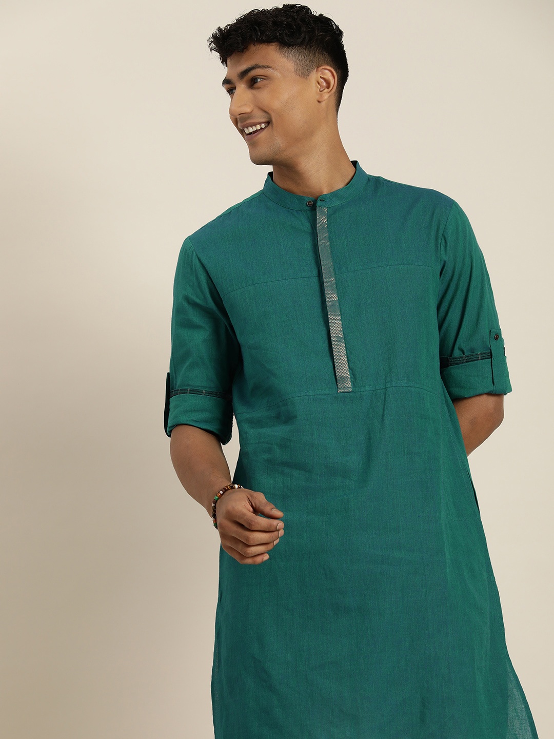 

Taavi Nagari weaves Pure Cotton Band Collar Knee Length Kurta, Teal