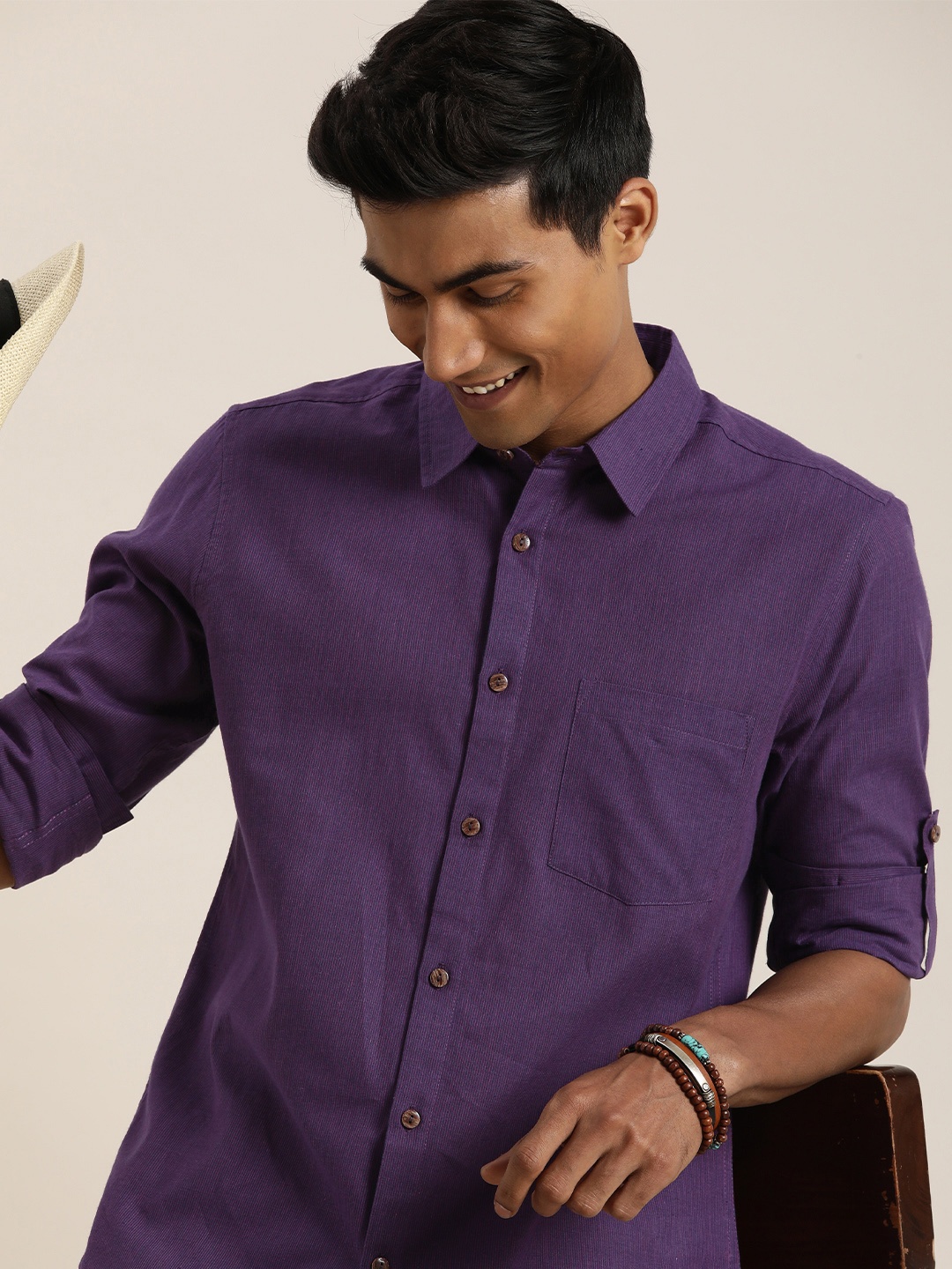 

Taavi Pure Cotton Striped Regular Fit Nagari Weaves Shirt, Purple