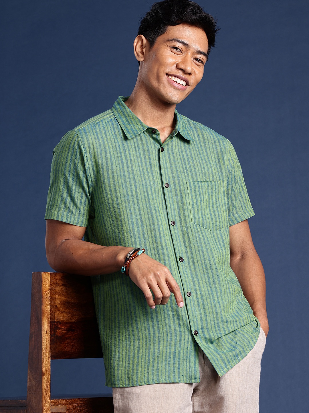 

Taavi Men Block Print Legacy Pure Cotton Striped Casual Shirt, Green