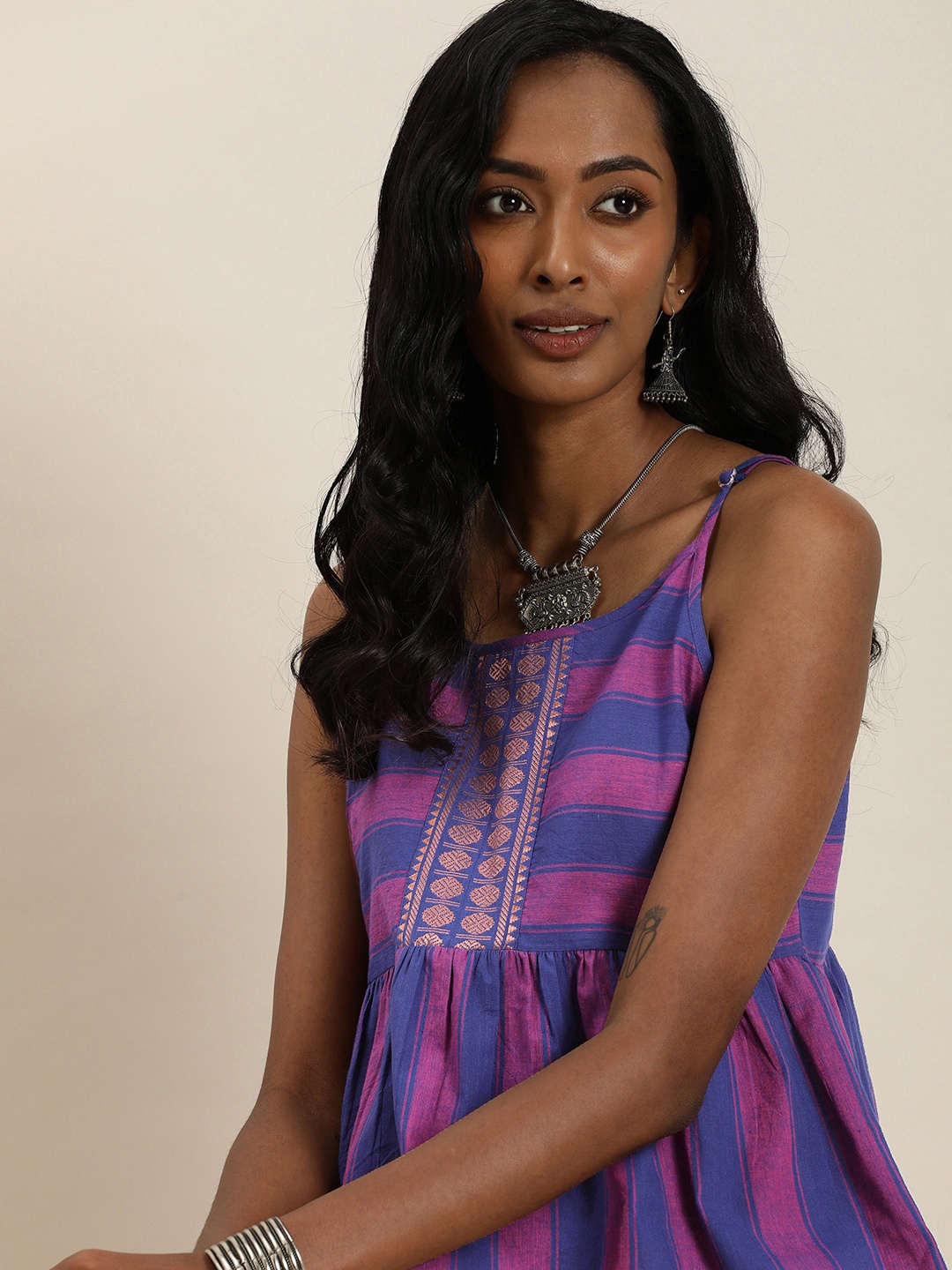 

Taavi Nagari Weaves Pure Cotton Striped Peplum Top, Pink