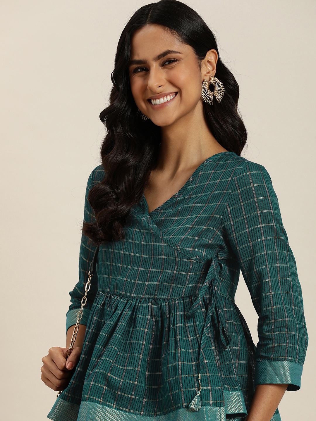 

Taavi Nagari Weaves V-Neck Wrap Styled Peplum Top, Teal
