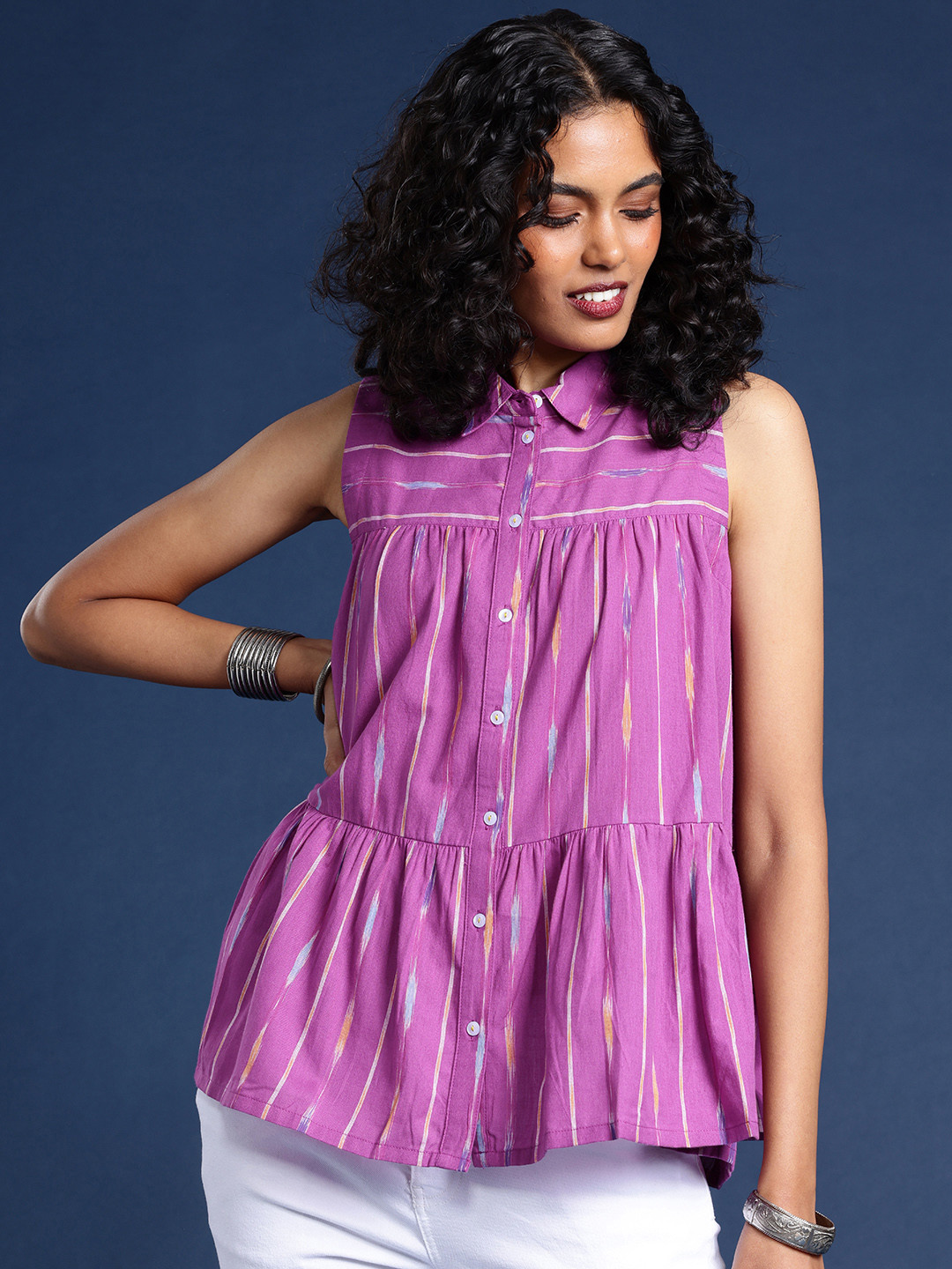 

Taavi Pure Cotton Striped Ikat Shirt Style Top, Pink