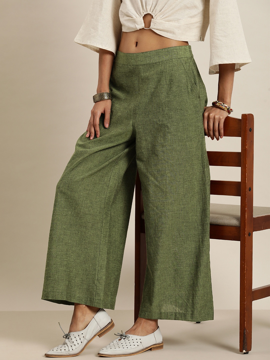 

Taavi Women Nagari Weaves Pure Cotton Parallel Trousers, Green