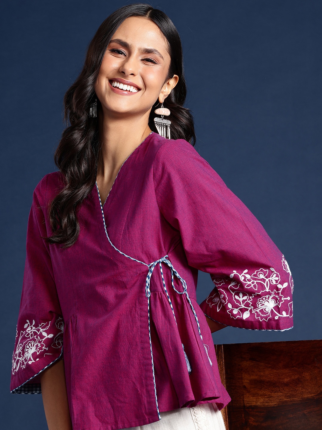 

Taavi Kashidakari Pure Cotton Embroidered Angrakha Tunic, Pink