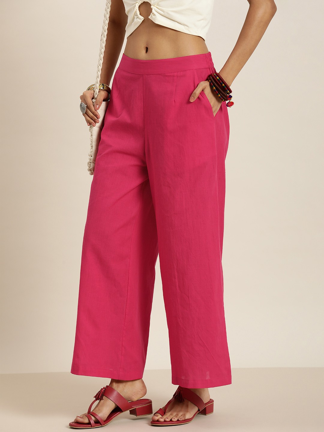 

Taavi Women Nagari Weaves Pure Cotton Parallel Trousers, Pink