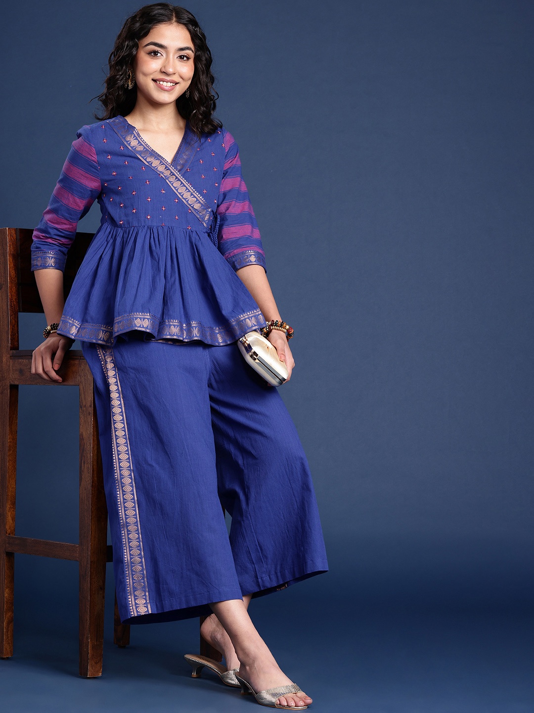 

Taavi Women Nagari Weaves Ethnic Motifs Angrakha Cotton Kurti & Palazzos, Blue