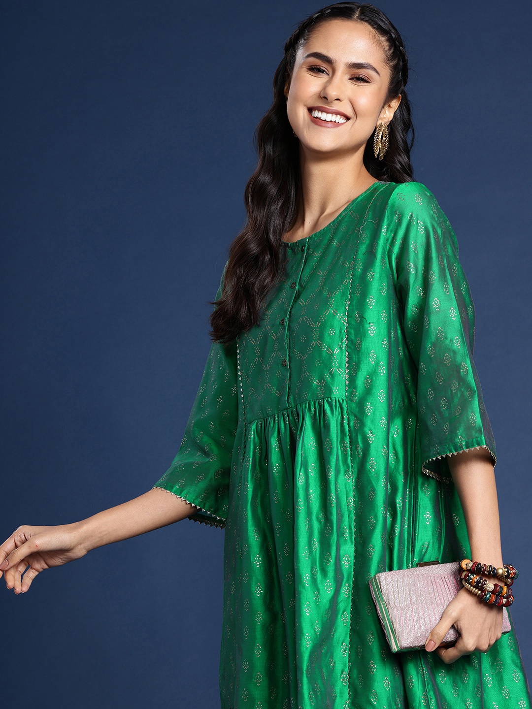 

Taavi Ethnic Motifs Printed Rogan A-Line Ethnic Dress, Green