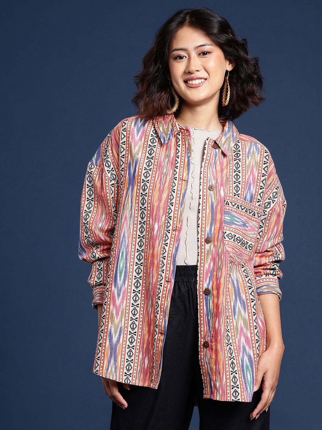 

Taavi Women Ikat Longline Tailored Jacket, Peach