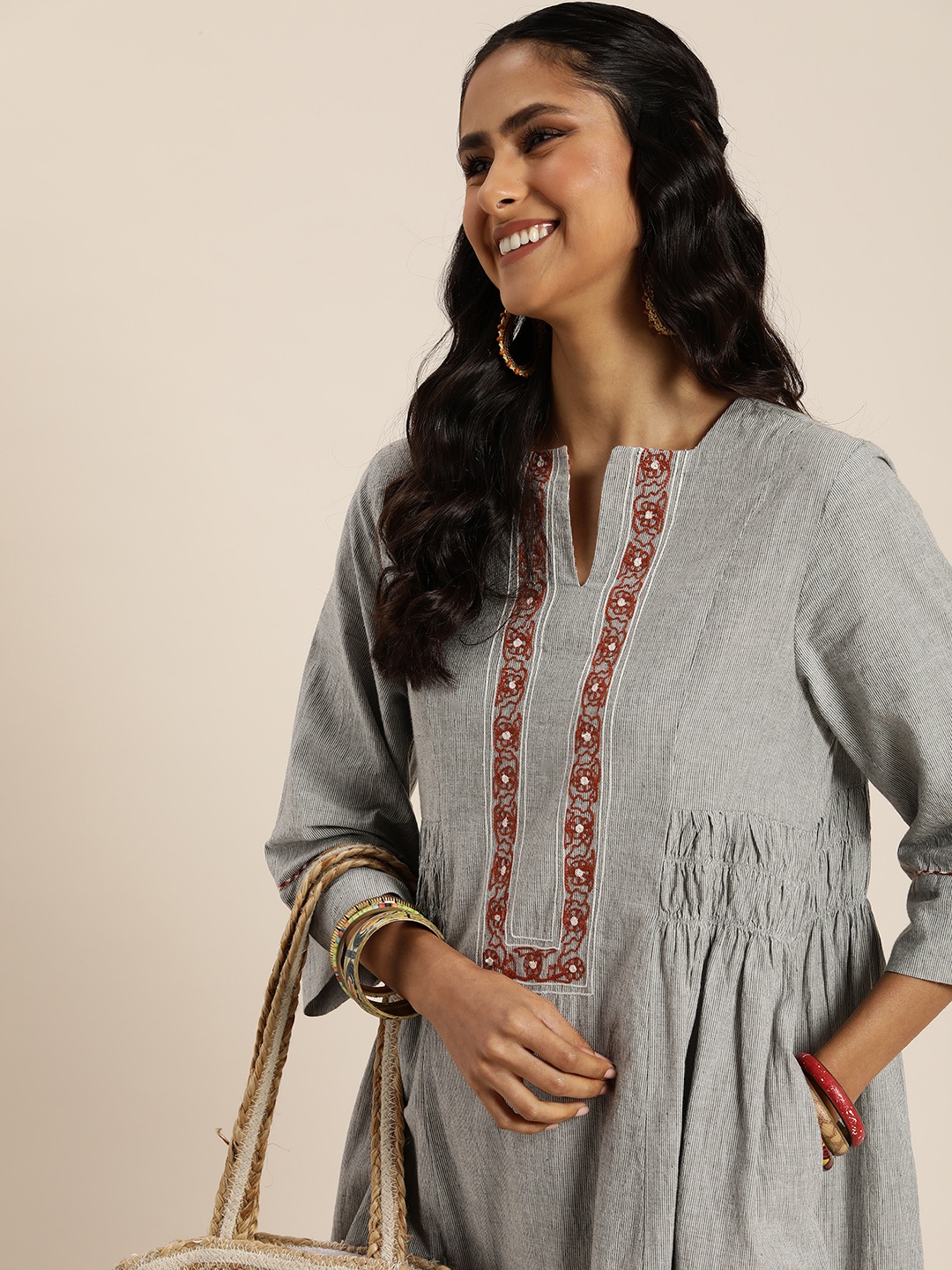 

Taavi Ethnic Motifs Kashidakari Embroidered Pure Cotton A-Line Dress, Grey