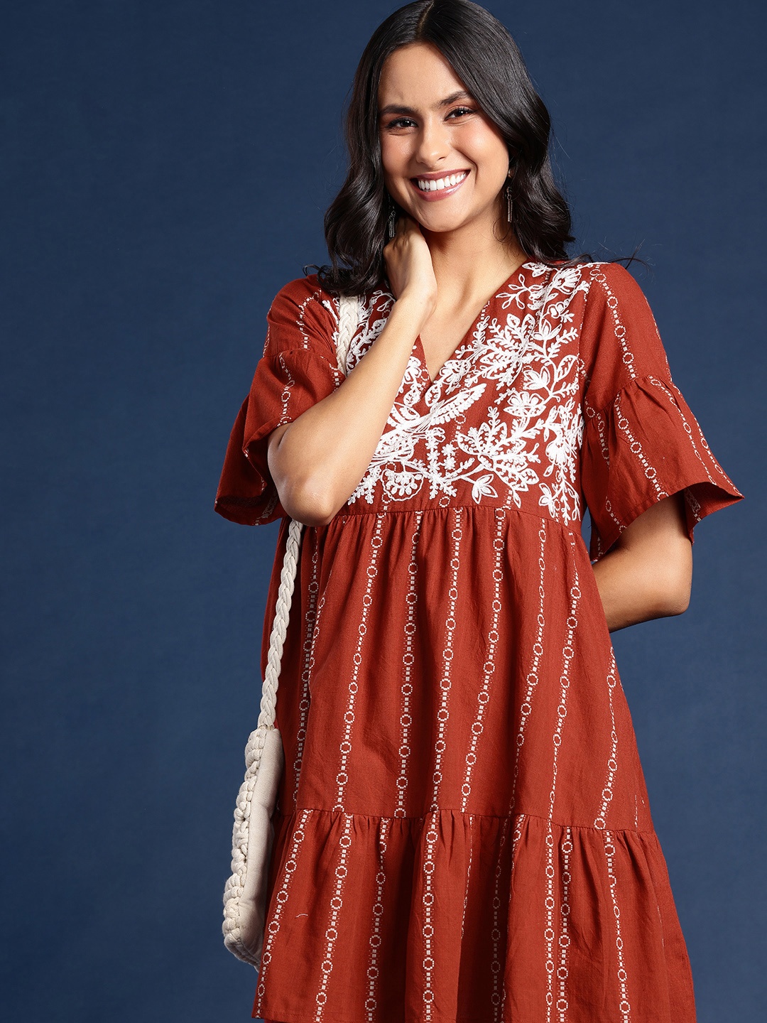 

Taavi Kashidakari Pure Cotton Floral Embroidered Flared Sleeve A-Line Mini Dress, Rust