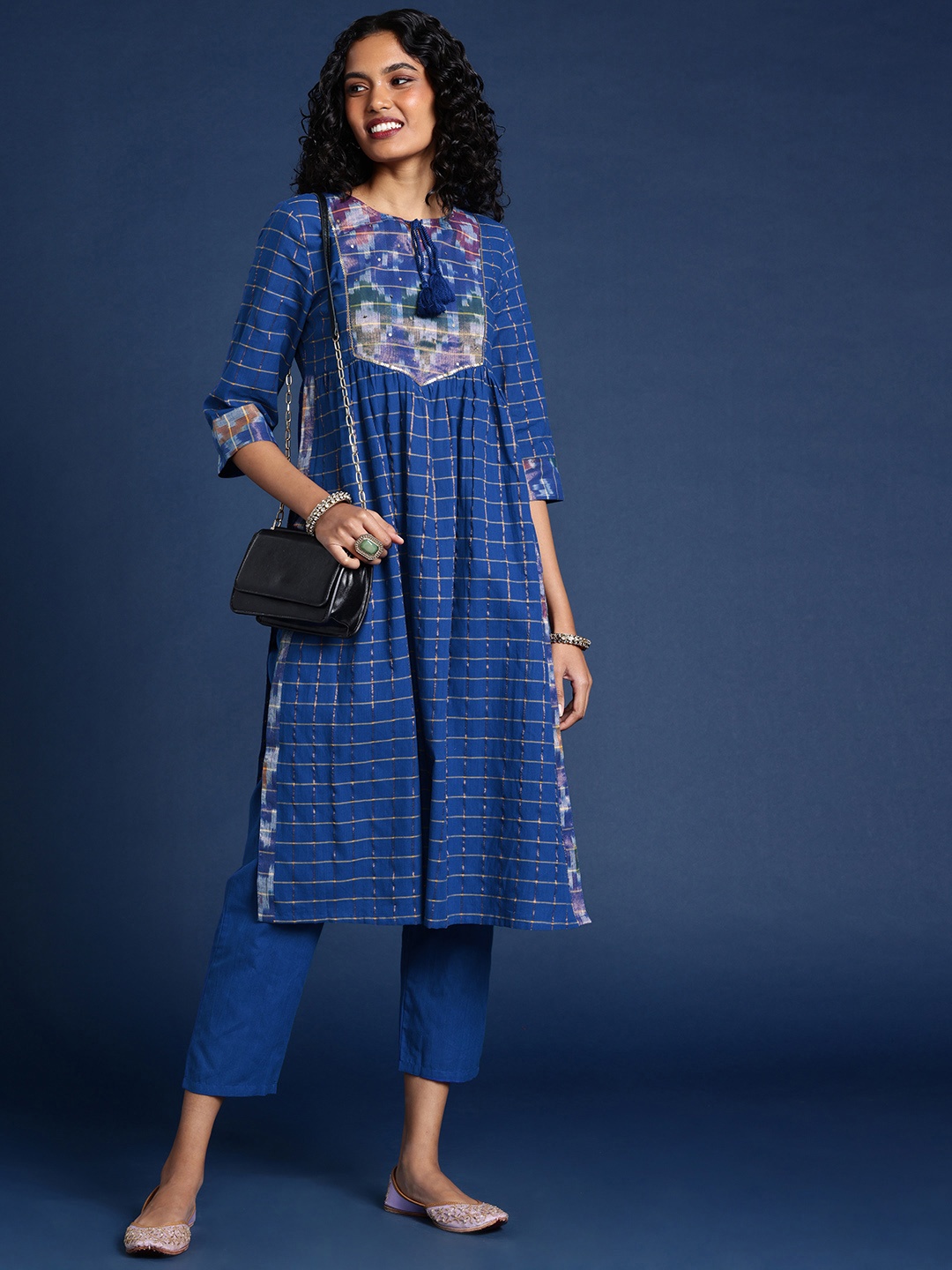 

Taavi Women Ikat Pleated Pure Cotton Kurta with Trousers, Blue