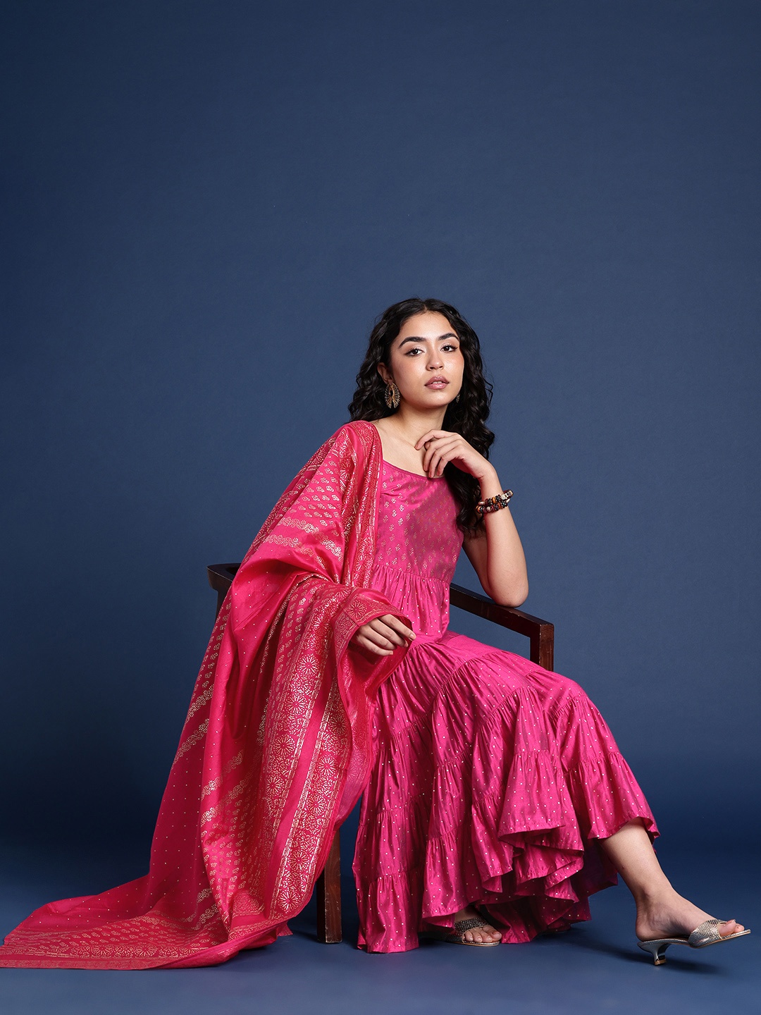 

Taavi Women Rogan Ethnic Motifs Printed Fusion Top & Sharara With Dupatta, Magenta