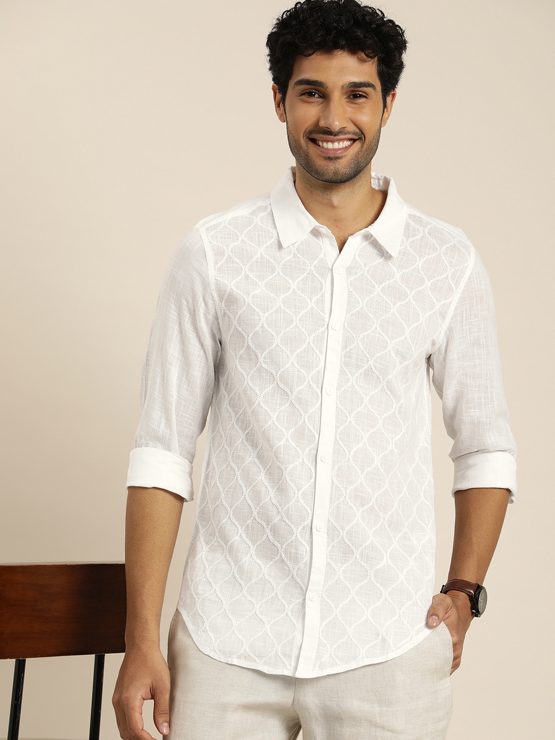 

Taavi Pure Cotton Ethnic Casual Chikankari Shirt, White