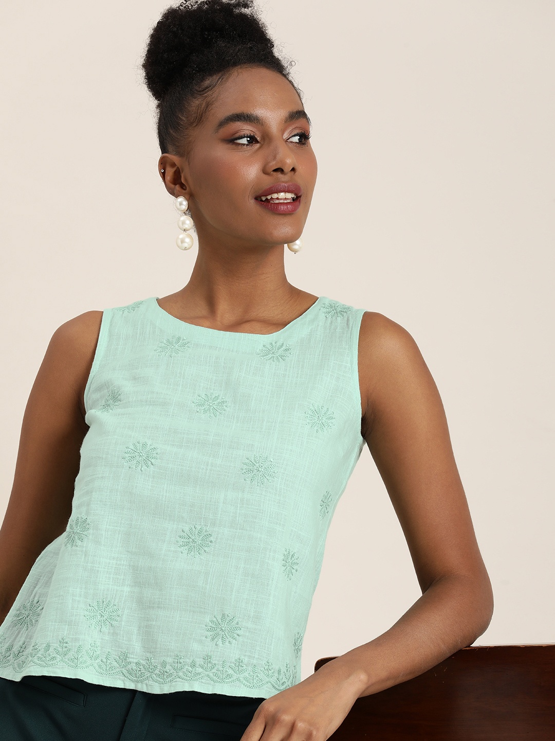 

Taavi Pure Cotton Ethnic Motifs Embroidered Chikankari Top, Green