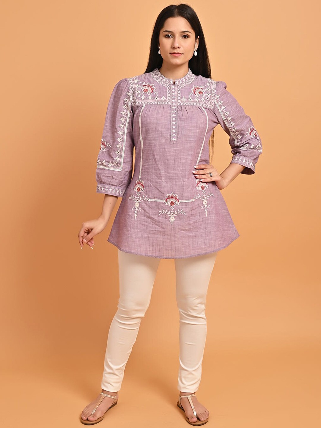 

Lakshita Embroidered Mandarin Collar Pure Cotton Tunic, Lavender