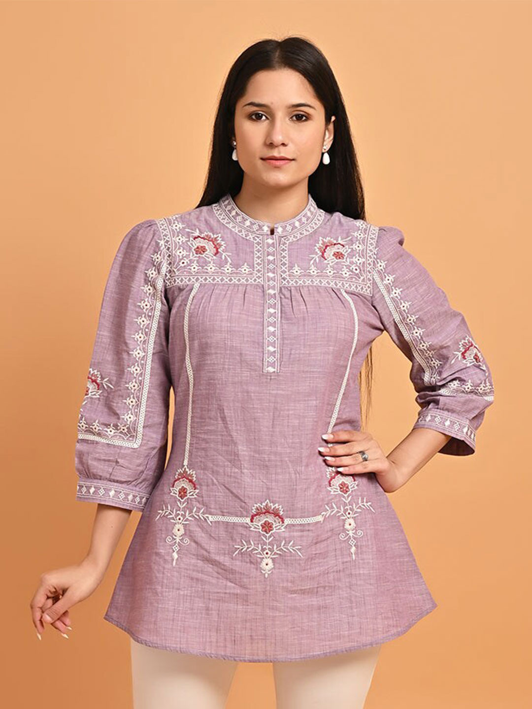 

Lakshita Embroidered Mandarin Collar Pure Cotton Tunic, Lavender