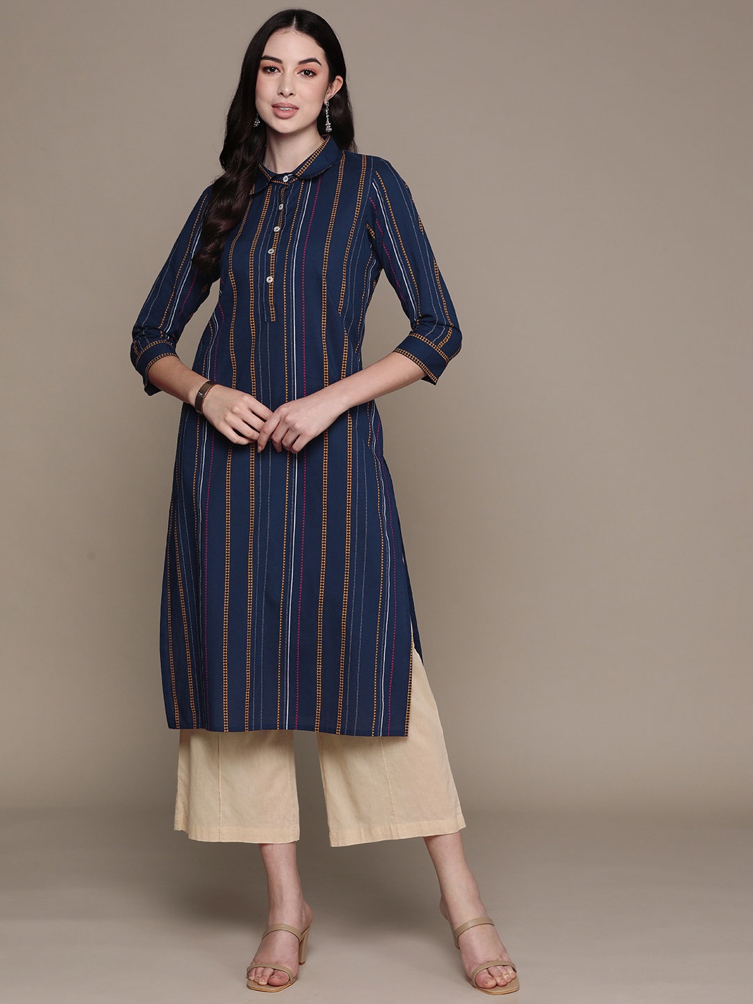 

Anubhutee Women Striped Cotton Kurta, Navy blue