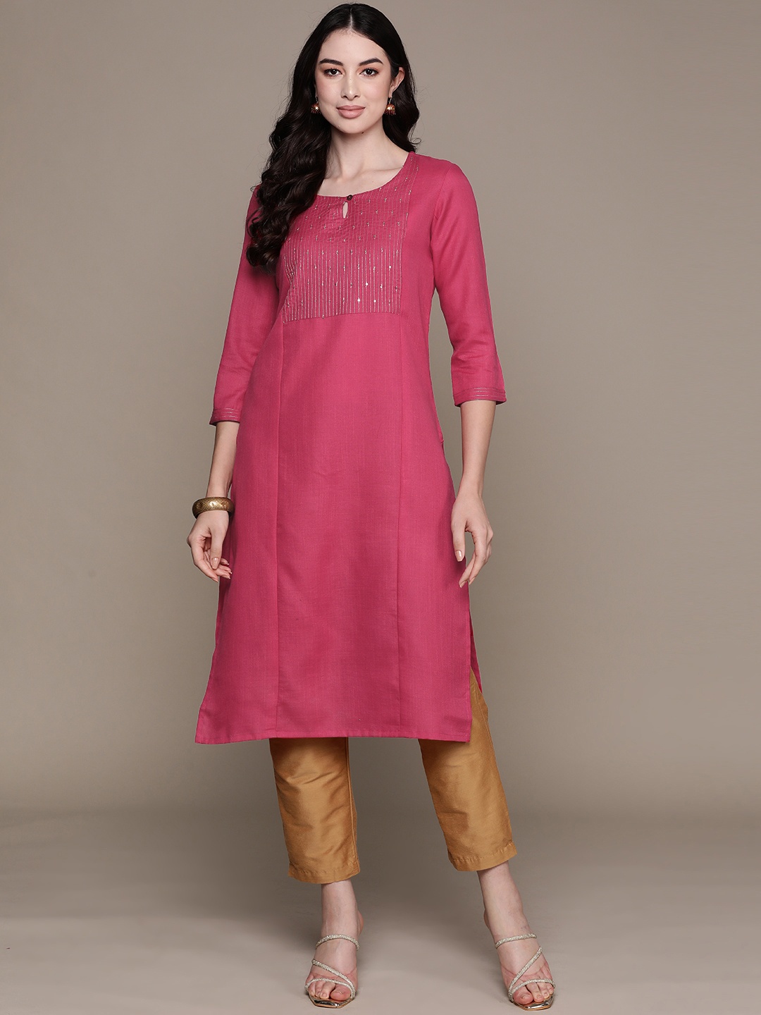 

Anubhutee Women Yoke Design Keyhole Neck Sequinned Cotton Kurta, Fuchsia