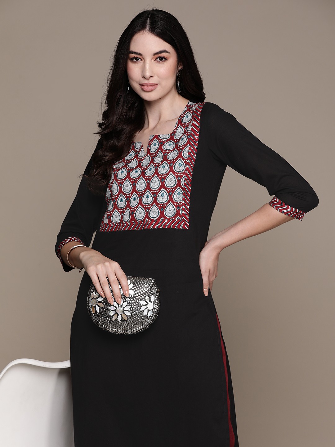 

Anubhutee Women Ethnic Motifs Yoke Design Mirror Work Cotton Kurta, Black