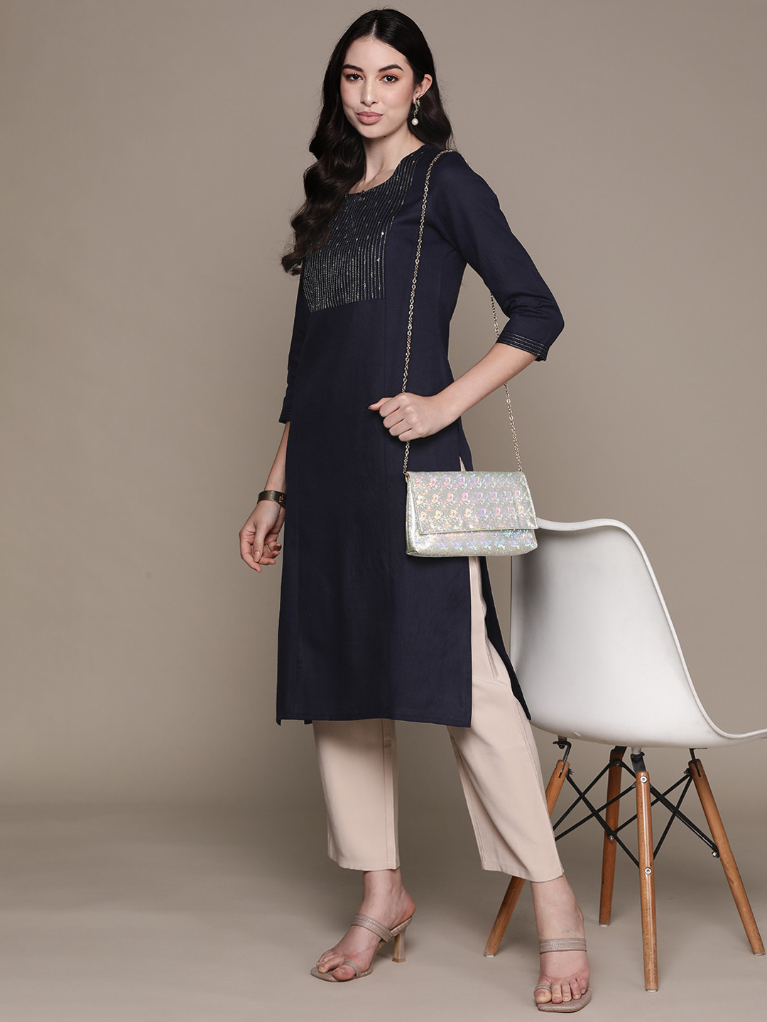 

Anubhutee Women Yoke Design Keyhole Neck Sequinned Kurta, Navy blue