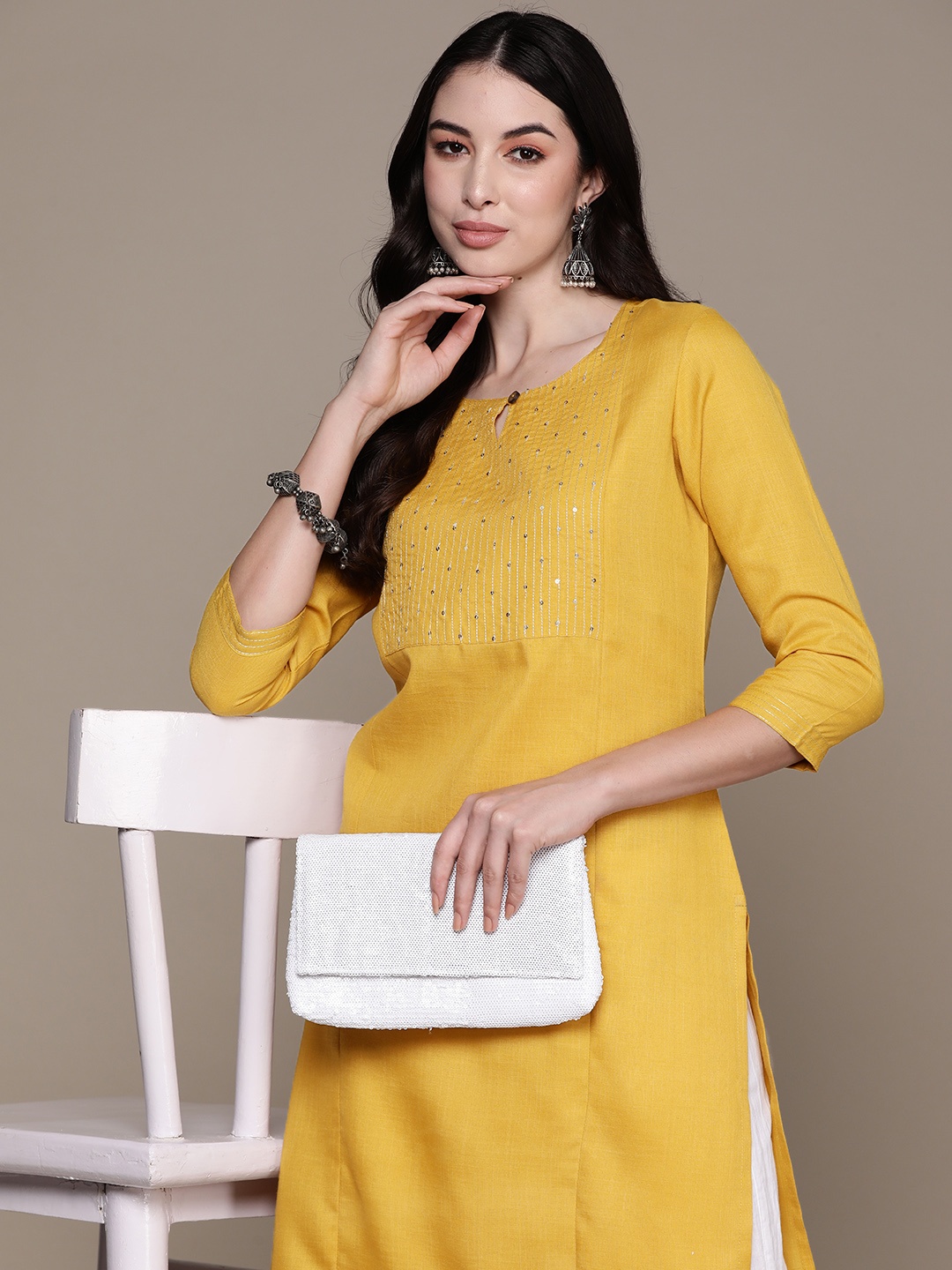 

Anubhutee Embroidered Keyhole Neck Sequinned Kurta, Mustard