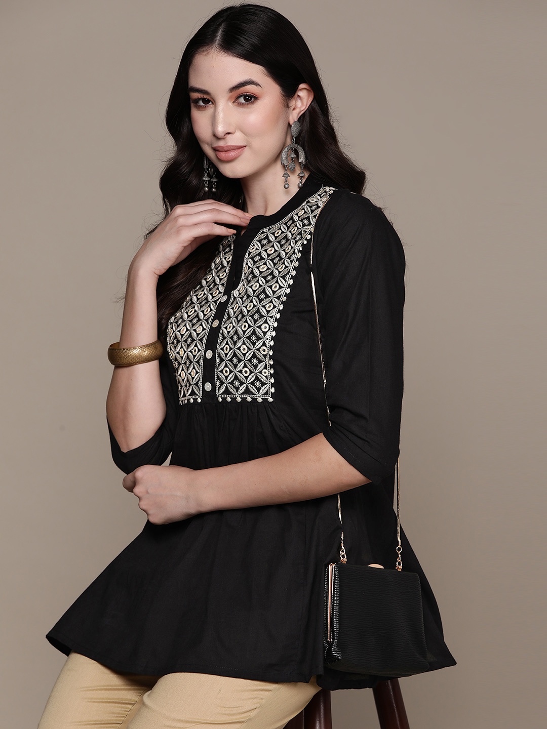 

Anubhutee Floral Yoke Design Pure Cotton Mirror Work Pleated Kurti, Black