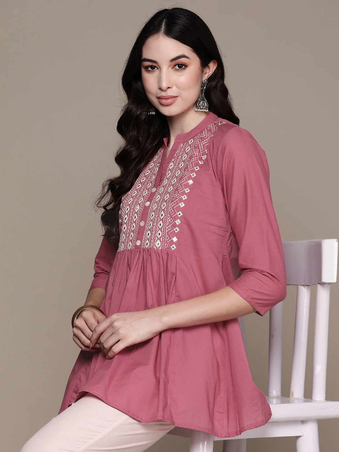 

Anubhutee Yoke Design Pure Cotton Mirror Work Pleated Kurti, Pink