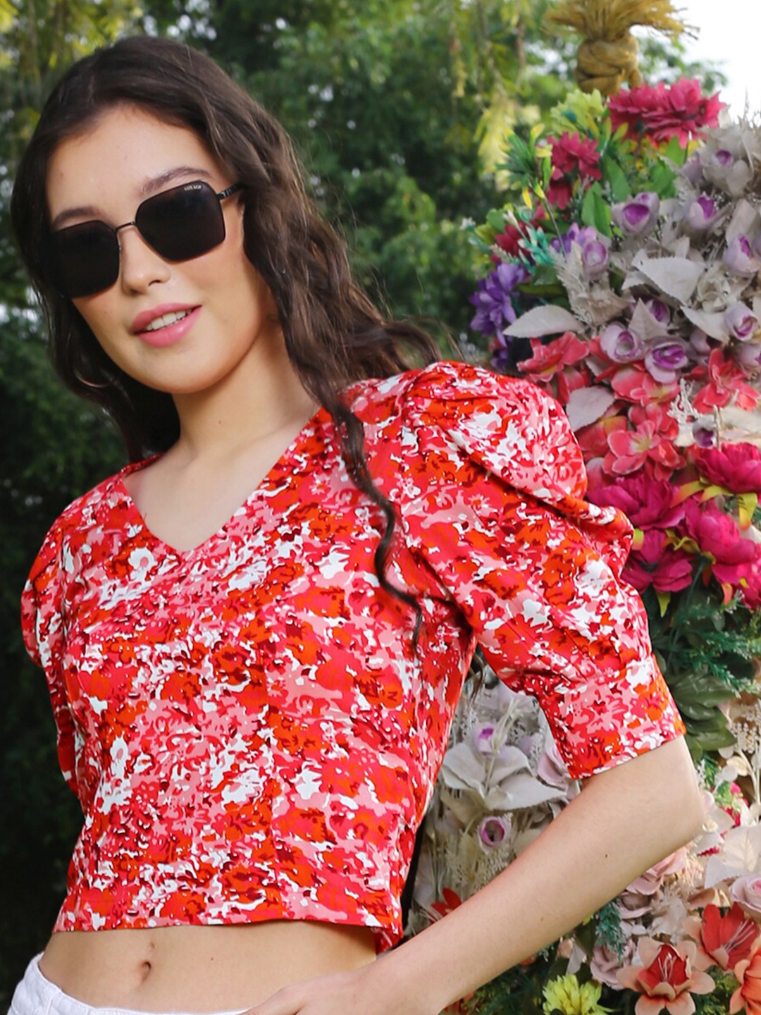 

Sera Pink Floral Print Bohemian Crop Top
