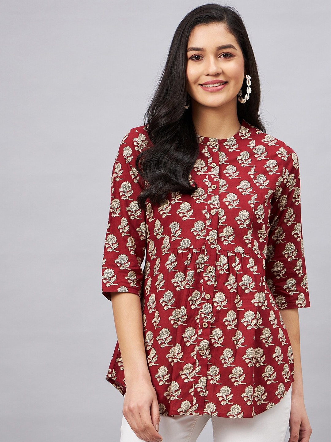

WineRed Floral Printed Mandarin Collar Pure Cotton Tunic, Maroon