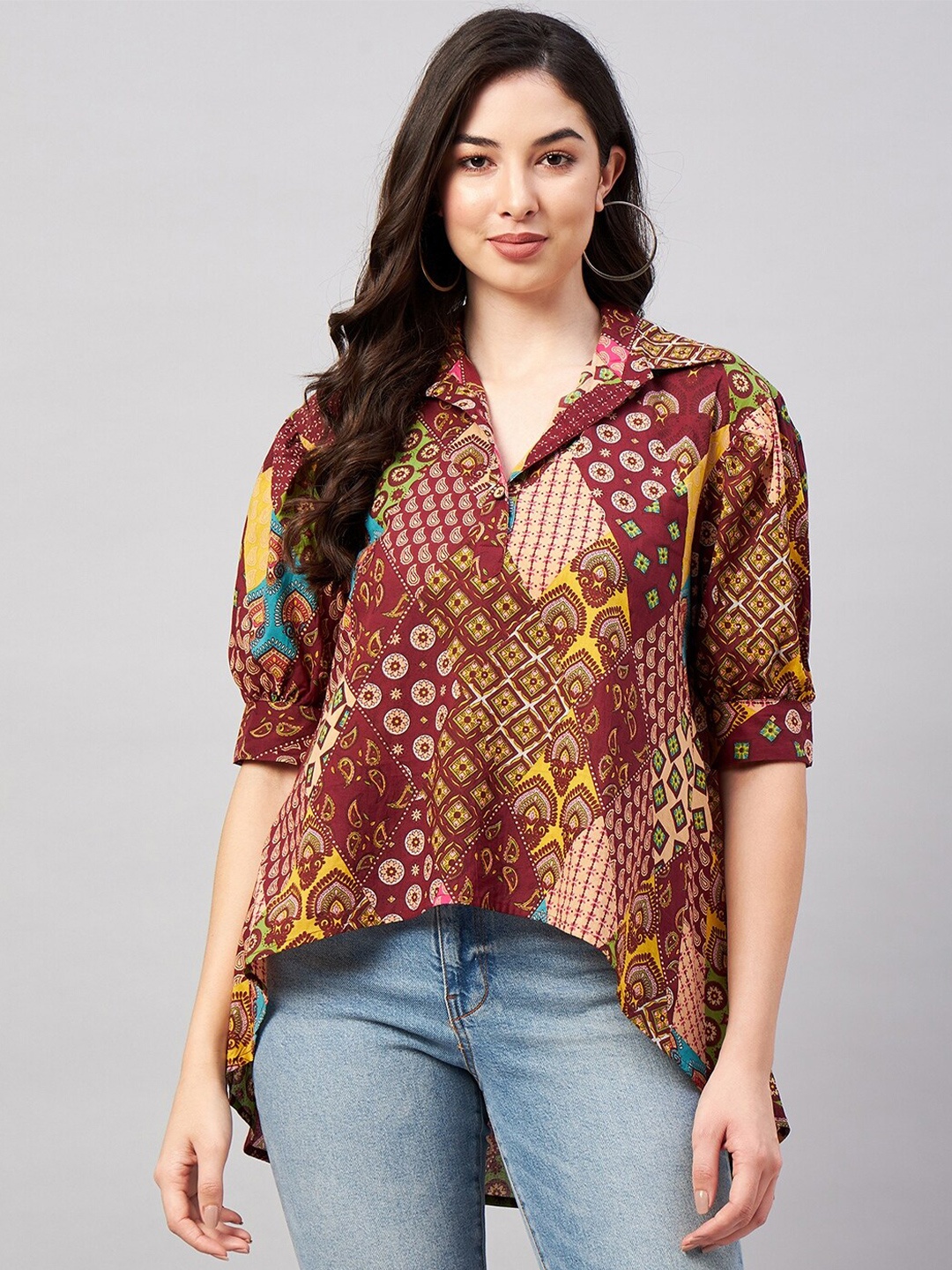 

WineRed Ethnic Motif Printed Shirt Collar Puff Sleeve Cotton High-Low Top, Maroon