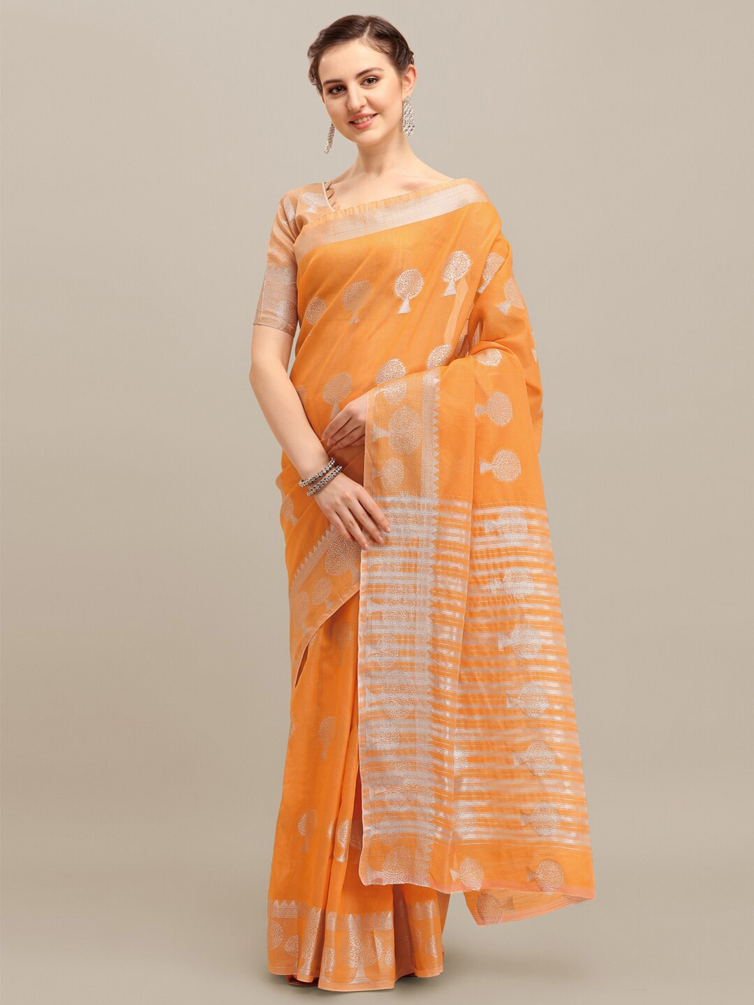 

KALINI Floral Woven Design Zari Silk Cotton Saree, Orange