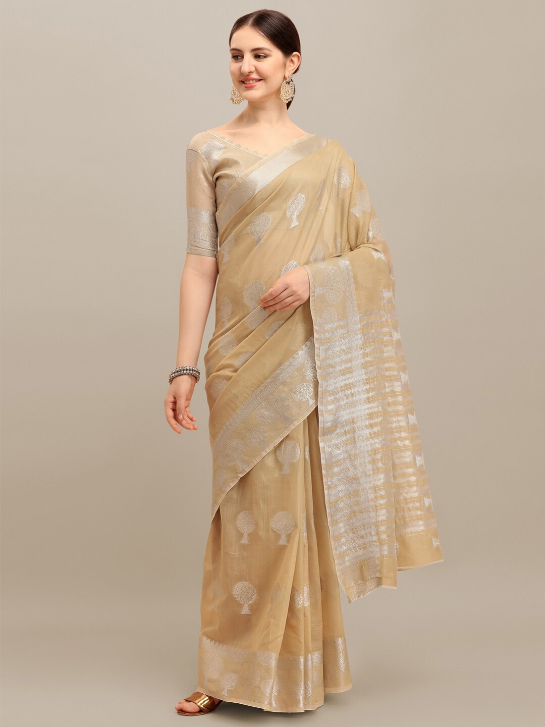 

KALINI Woven Design Zari Silk Cotton Saree, Beige