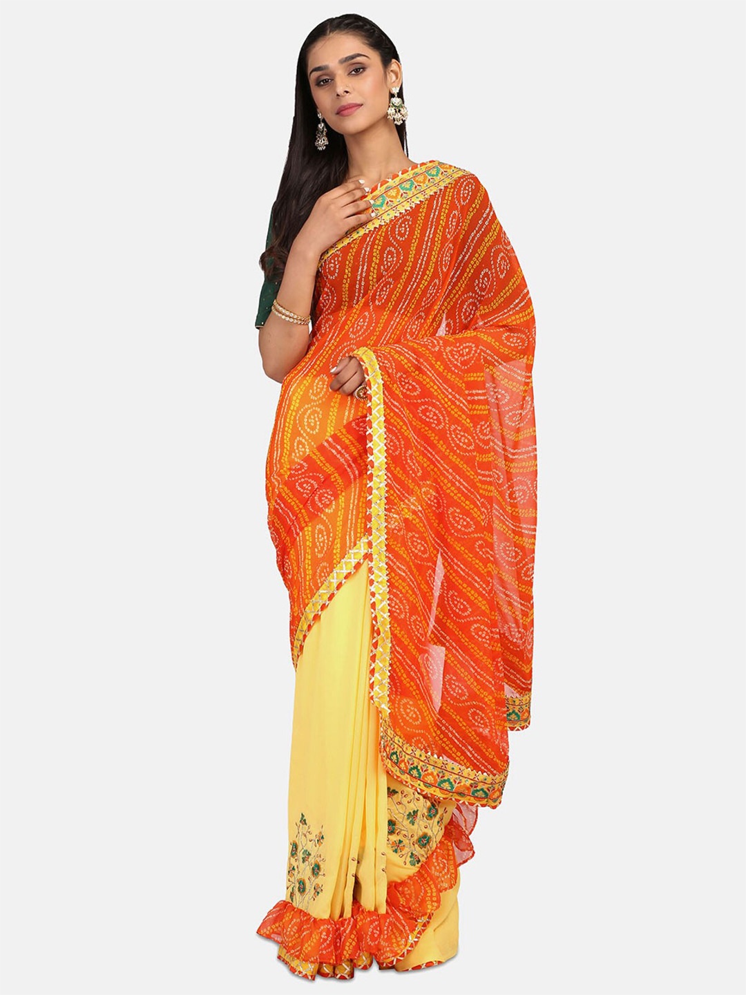 

KALINI Bandhani Printed Embroidered Half and Half Saree, Orange