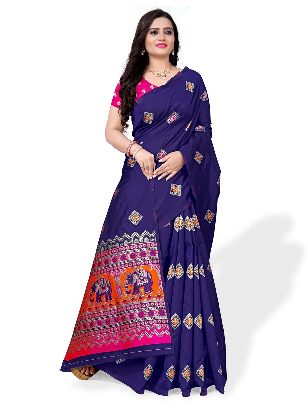 

KALINI Geometric Woven Design Zari Saree, Navy blue