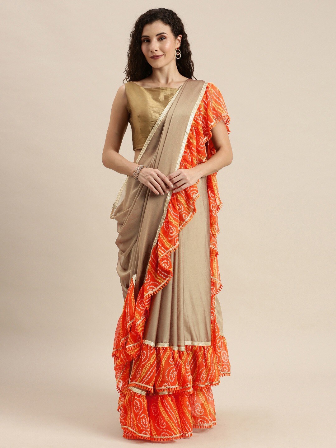 

KALINI Bandhani printed Ruffled Pure Chiffon Saree, Beige