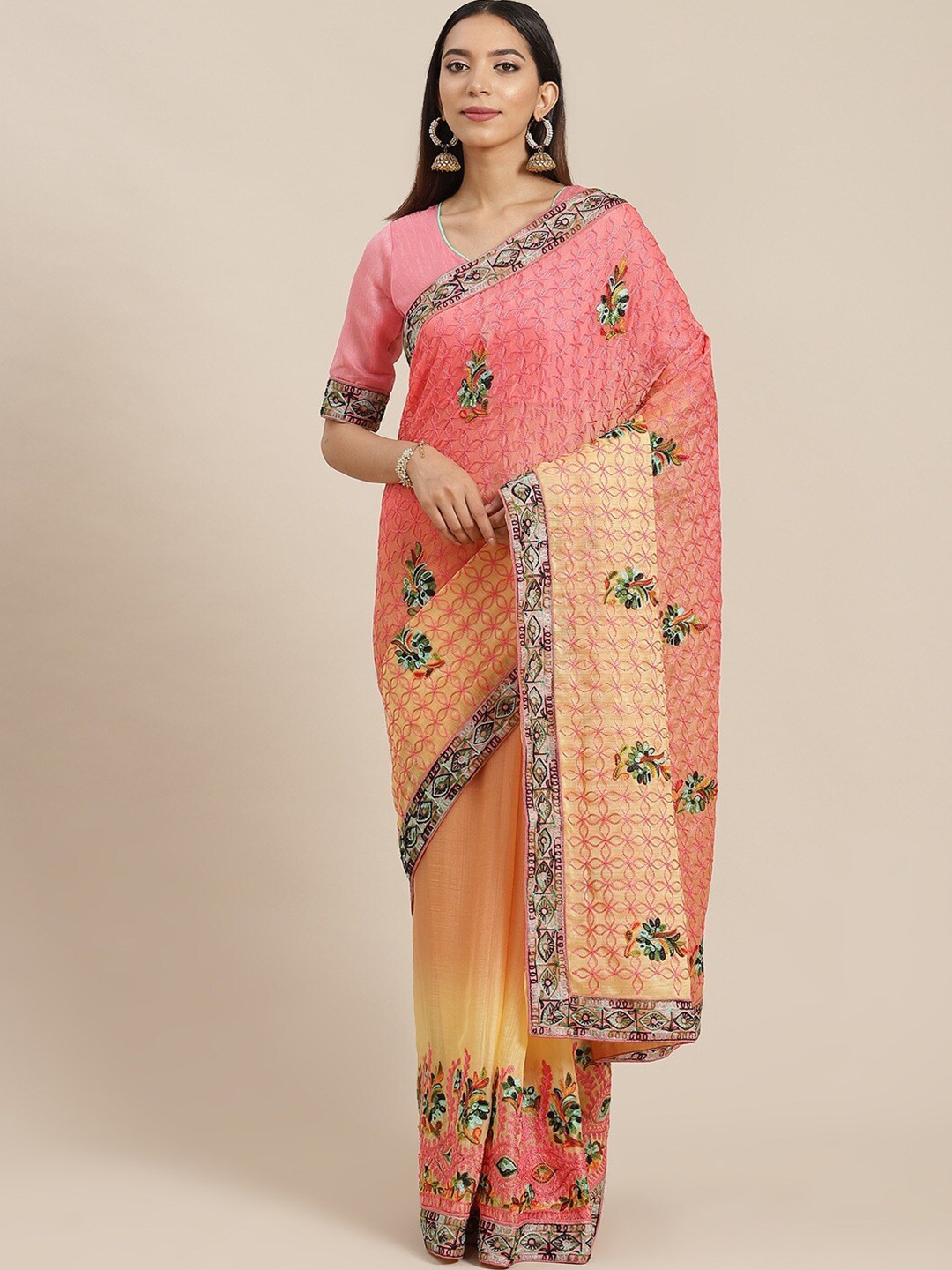

KALINI Floral Embroidered Pure Chiffon Saree, Peach