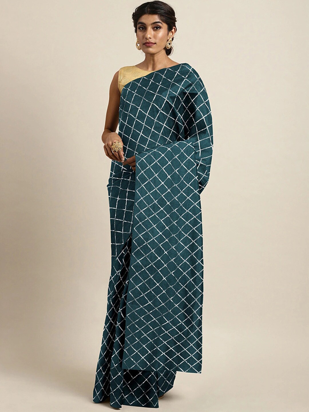 

KALINI Checked Art Silk Saree, Blue