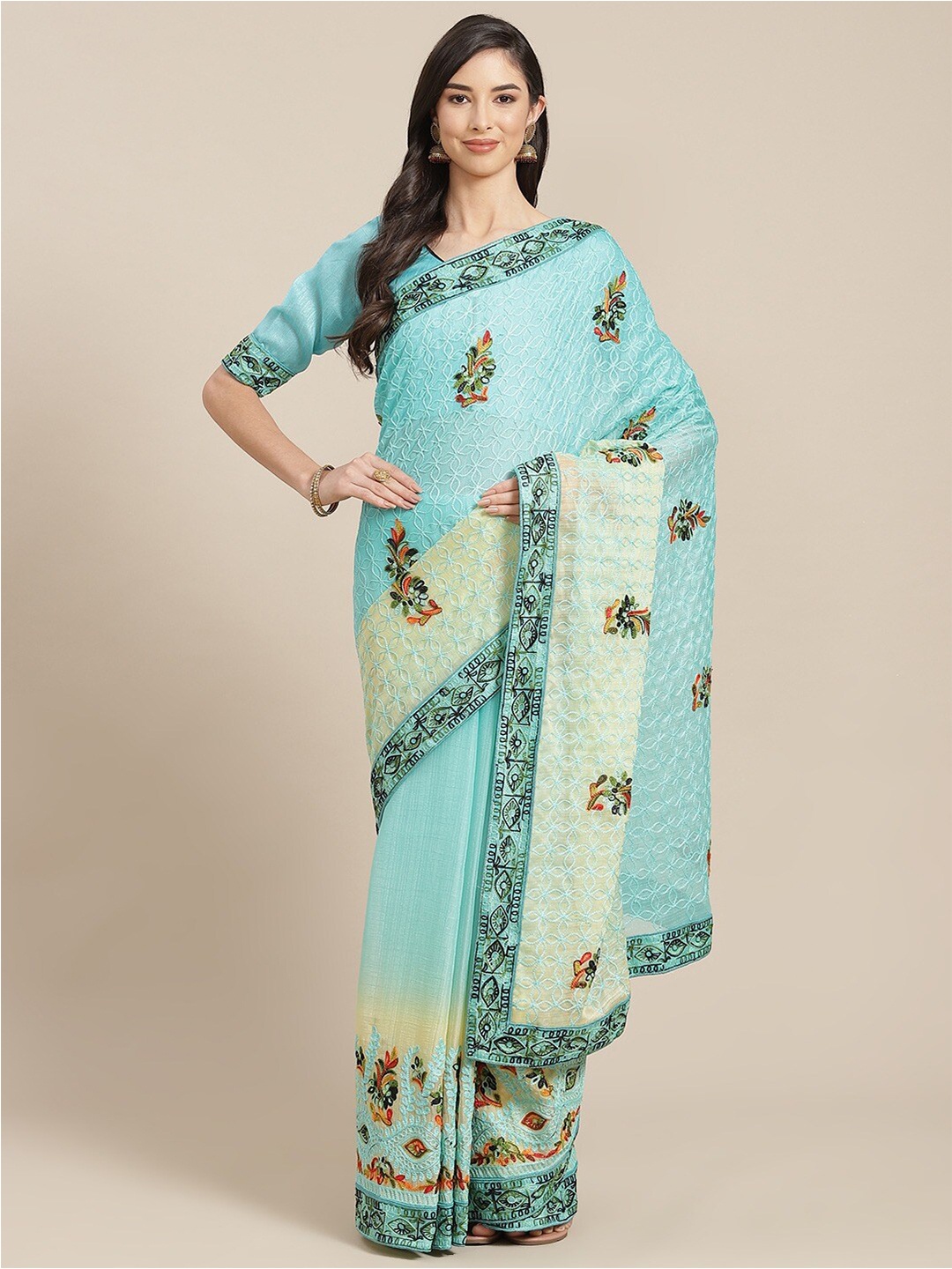 

KALINI Floral Embroidered Pure Chiffon Saree, Blue