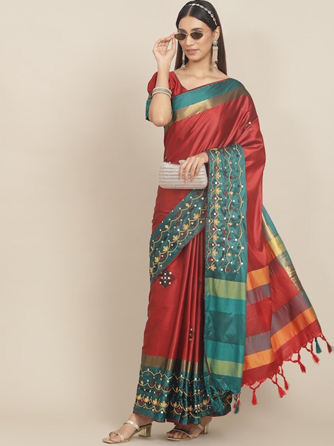 

KALINI Ethnic Motif Embroidered Sequin Silk Cotton Saree, Red