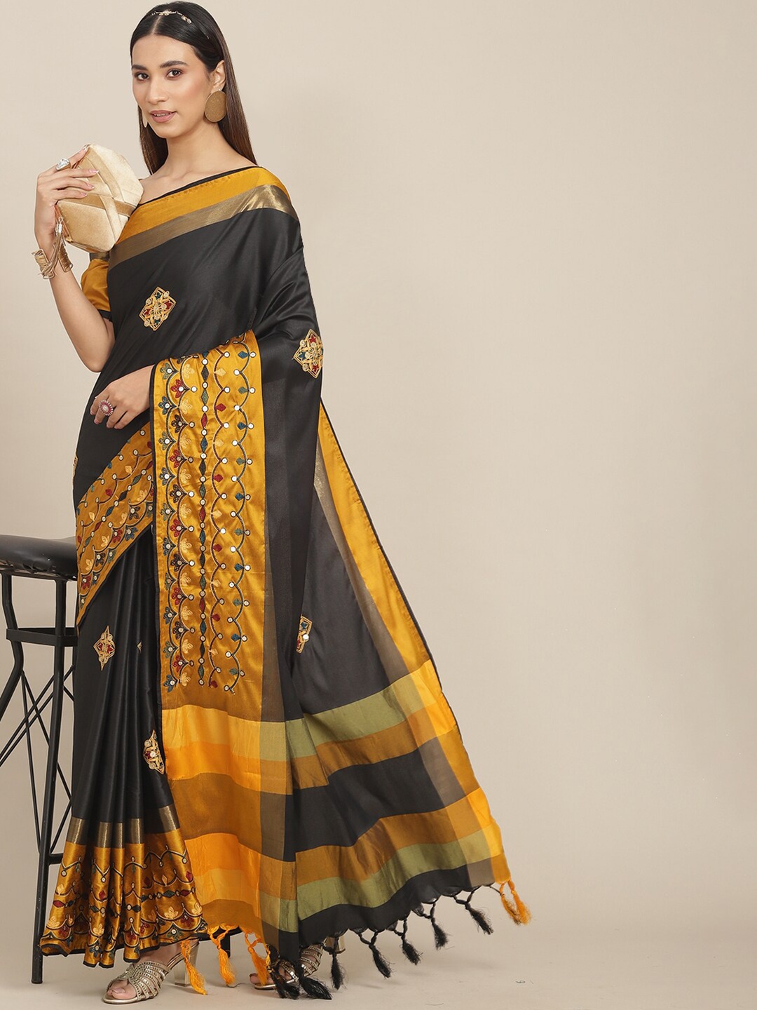 

KALINI Ethnic Embroidered Sequinned Silk Cotton Saree, Black