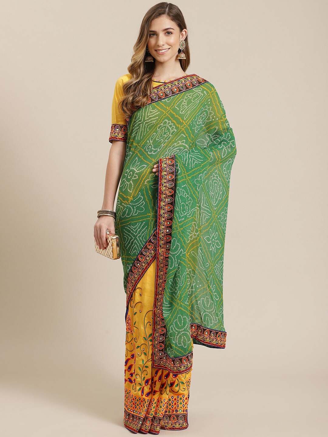 

KALINI Bandhani Printed Embroidered Georgette Half & Half Saree, Green